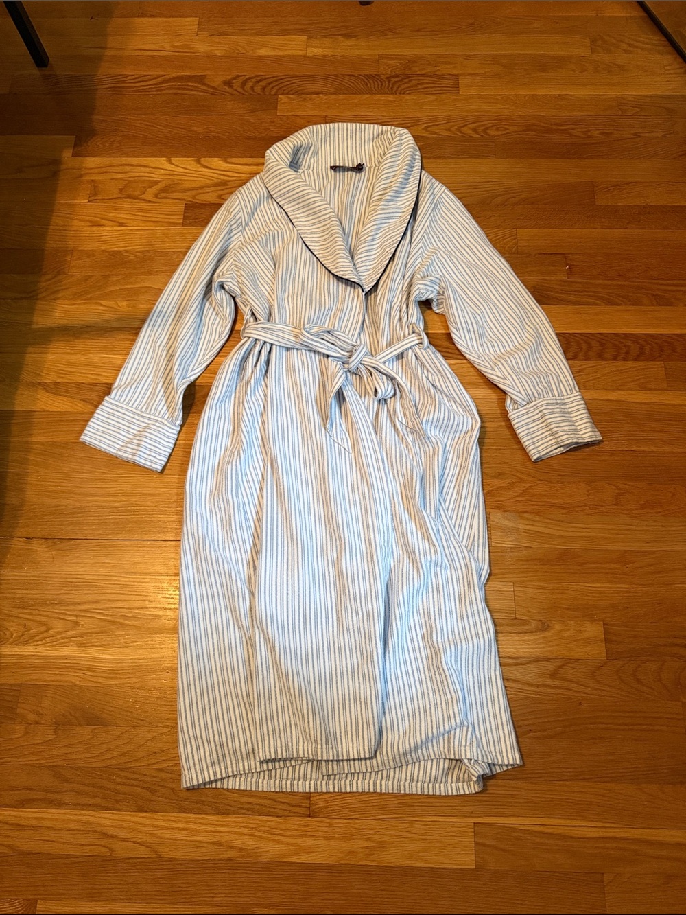 Lee valley Striped Shawl-Collar Belted Robe Coat in Light Blue & White